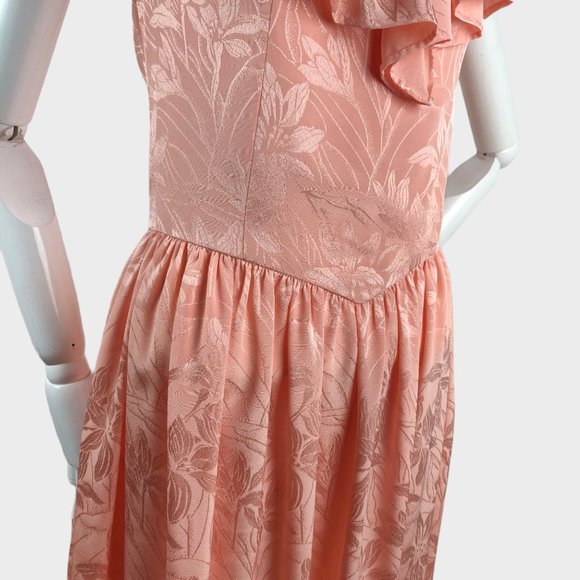 Vintage 1980s Shell Pink Tea Dress Floral Damask Ruffle Neckline Open Tie Back M - Picture 7 of 16